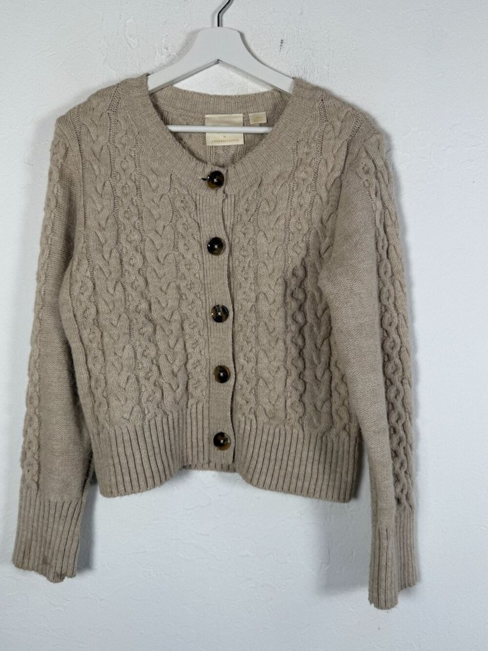 Maeve Anthropologie Tan Cable Knit Cardigan Sweater Button Front Cropped Medium